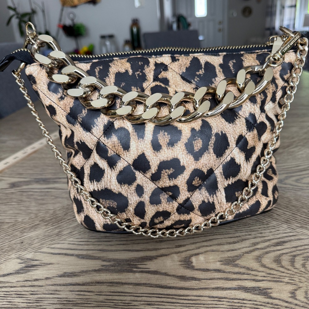 Steve Madden Bvital-L Leopard Print Quilted Crossbody Bag Gold Chain Handle